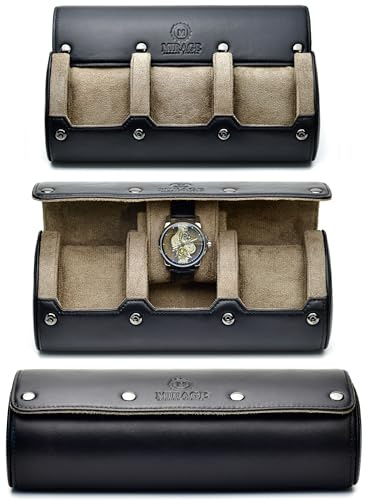 Uhrenrolle Reiseetui Leder – 3 Fächer Uhrenhalter Aufbewahrung für Reisen – schwarzes Vollnarbenleder (beige Innen)