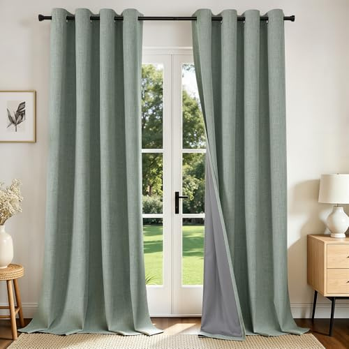 Joydeco Sage Green Curtains for Living Room 108 Inch Length, Linen 100% Blackout Curtains 2 Panels Set, Grommet Room Darkening Curtains for Living Room (52x108 inch, Sage Green)