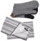 Cuisinart Oven Gloves & Tea Towel Set with Grey Herringbone Neoprene Oven Gloves Set of 2 & Fouta Striped Grey Tea Towels for Kitchen Set of 2,40x70cm