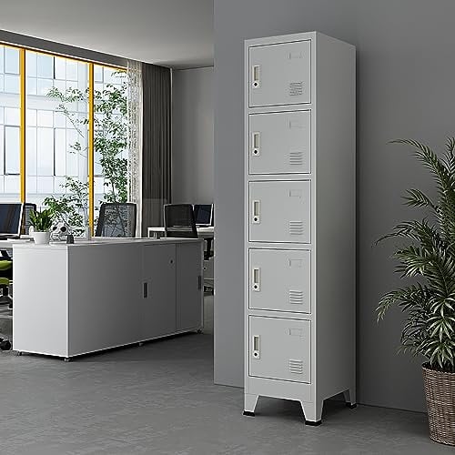 [en.casa] Taquilla Metálica Joroinen con Portaetiquetas para Colegio Gimnasio Taquilla Vestuario con Barra Armario con 5 Puertas con Cerradura 180 x 38 x 45 cm Acero - Gris