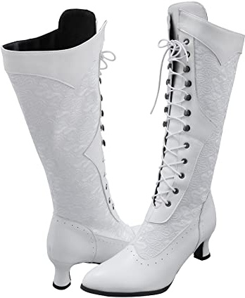 PAIDAXING Stivali da donna in pelle Louis lunghezza al polpaccio stivali vittoriani steampunk gotico stivali al ginocchio vintage lacci punta punta tacco basso cono inverno autunno UK, bianco, 37.5 EU