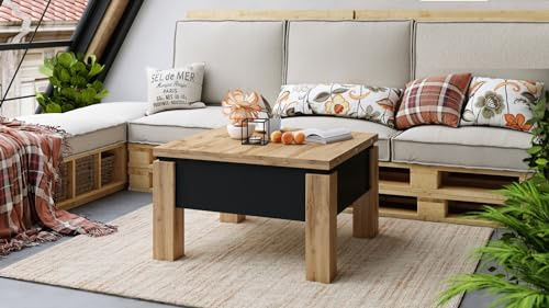 designimpex Design Couchtisch Tisch Oslo höhenverstellbar 49 / 76cm aufklappbar 80 / 160cm Esstisch, Farbe:Eiche Wotan - Schwarz matt