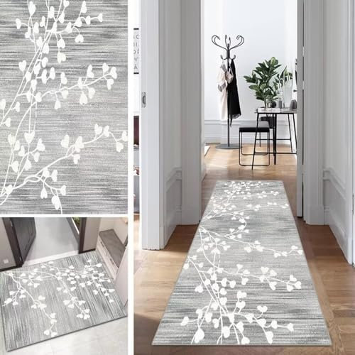 Mogetal Grau Läufer Teppich Lang Vintage Flur Läufer rutschfest Waschbar 80x400cm Modern Blattmuster Dauerhaft Läuferteppich TeppichLäufer Küchen Korridor Polyester Anpassbar Meterware