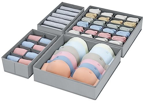 DIMJ Underwear Drawer Organiser, Set of 4 Folding Drawer Dividers for Socks, Underwear, Ties, Scarves, Cosmetics, Space-Saving, Fabric Wardrobe Storage Organiser