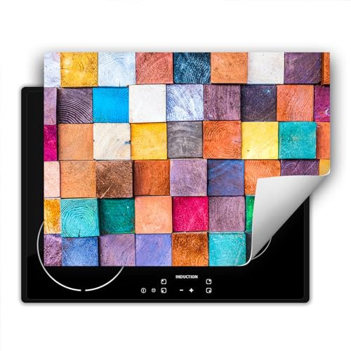 TMK ArtDeko Herdabdeckplatte Einteilig 70x52 cm Küche Herdabdeckung Ceranfeld Abdeckplatte Kochfeld Abdeckung Induktionskochfeld Aufrollbare, Mosaik Holz Bunt