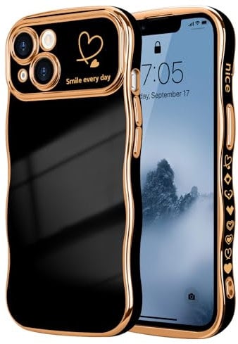 LCHULLE Kompatibel mit iPhone 14 Hülle Liebesherz Mädchen Handyhülle Wellen Lockige Form mit erhoben Kameraschutz Luxus Galvanisierte Schutzhülle Girls Case für iPhone 14 Schwarz