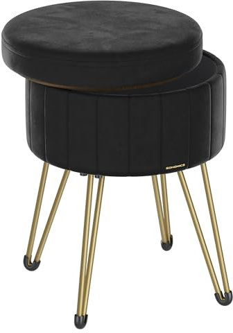 SONGMICS Storage Ottoman, Velvet Dressing Table Stool, 39 x 44.4 cm (Dia. x H), Round Storage Stool Seat, 4 Metal Legs, for Dressing Room, Living Room, Bedroom, Ink Black LOM003B51