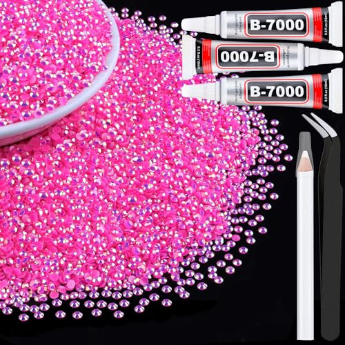 6000Pcs 3mm Resin Jelly Rhinestones with 1Pcs 10ml B7000 Jewelry Glue for Crafting, Hot Pink AB Flatback Gems, Bedazzling Crystal Bulk for DIY Crafts Clothing Tumblers Shoes Nail Art Fabric