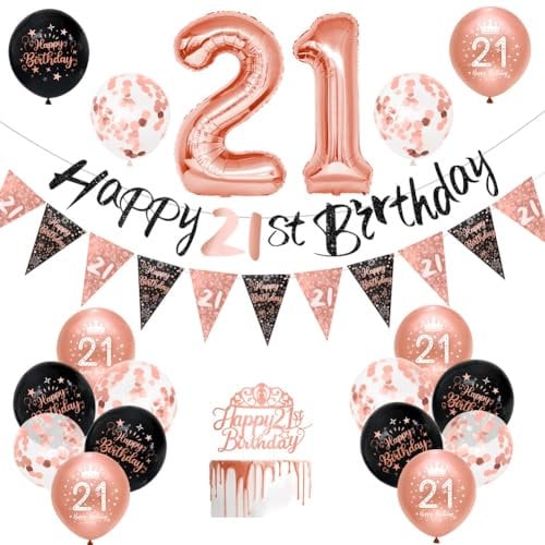 Girls 21ST Birthday Decorations Black Rose Gold 21ST Black Rose Gold Birthday Decorations 16 Pack Girls by Wonsta