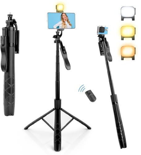 UTEBIT Tripode para Movil, Bluetooth Smartphone Palo Selfie con luz de relleno 155cm extensible y estable Selfie Stick para iPhone/Samsung 360 ° de rotación Selfie Stick con 1/4 de tornillo para Gopro
