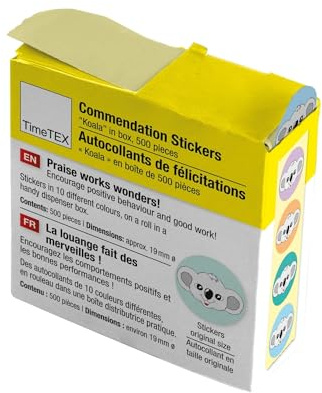 TimeTEX - Belobigungs-Aufkleber Koala | Lehrersticker für motivierendes Feedback | 500 Sticker in praktischer Spender-Box | 1 Motiv mit verschiedenfarbigen Hintergründen | 19 mm ø