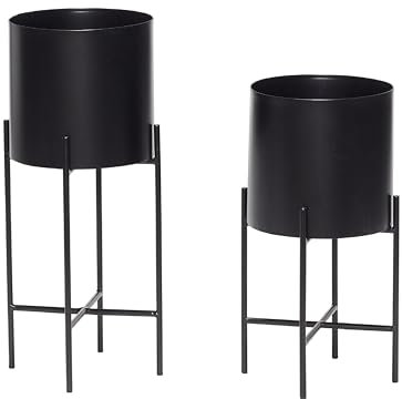 Dezain® - Pflanzen-Übertöpfe Hilda | Pflanzkübel aus Metall & mit Gestell | für Blumen, Kräuter, Pflanzen & Deko | Schlichter Blumentopf Ø 25 cm| Pflanzentopf in Schwarz | 2er Set