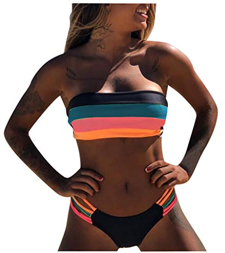 Generico Costume Donna Mare Costumi da Bagno 2 Pezzi Celeste Strisce Una Spalla Push Up Due Pezzi Brasiliana Bikini Swimwear Estivo Bikini Donna Copricostume Donna Mare Nero Lungo