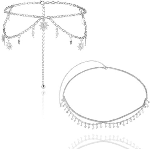 2 Pièces Argent Chaine de Ventre, Multicouche Alliage Chaînes de Taille, Réglable Ceinture Chaine pour Bijoux de Corps, Élégante Chaine de Corps Femme pour Robe Fête Mariage