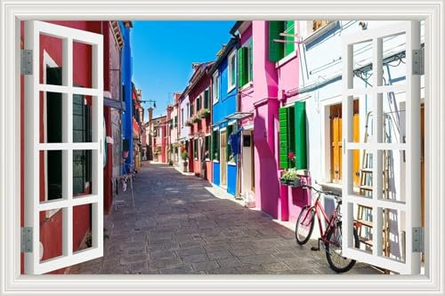 XAONUO Finta Finestra 3D Murales Città Edifici Strade Paesaggi 60X40 Adesivi Murali Autoadesivi In Pvc Adesivo Per Porte Adesivi Per Carta Da Parati Adesivi Decorazioni Per La Casa