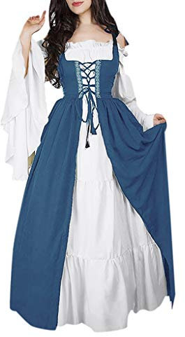 Women's Renaissance Dress Tied Waist Medieval Dress Retro Two-Piece Bandage Corset Dress Party Club Elegant Dress Halloween Costumes Renaissance Victorian Medieval Dress, Light Blue, M