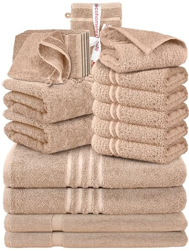 DecoHomeTextil Handtuch-Set 2 Handtücher, 2 Badtücher, 6 Gästetücher, 6 Waschlappen, 2 Badematten in Beige aus 100% Baumwolle, hochwertig, kuschelweich und saugstark
