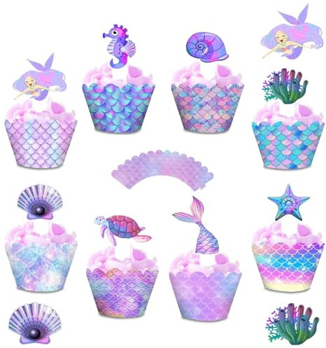 48 Stück Meerjungfrau Tortendeko Mermaid Cupcake Toppers Wrappers Kuchen Deko für Meerjungfrau Thema Party Dekoration Mädchen Party Geburtstag