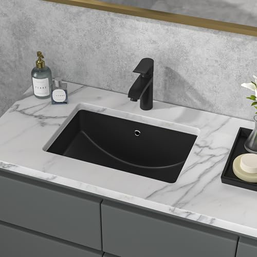 Sarlai Unterbau-Waschbecken – 45,7 x 35,6 cm, schwarzes Gefäß-Waschbecken, Unterbauspüle, rechteckig, modern, Keramik, rechteckig, mit Überlauf, Innenmaße 41,6 x 29,5 cm