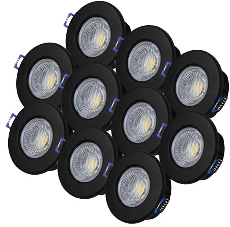 ELG Leuchten 10 x LED Einbaustrahler Dimmbar 240V,Schwarz,Einbauleuchten,Deckenspots,Downlight,7,5W,600-650LM,2800-4000K,IP54,68mm, Triac dimmbar