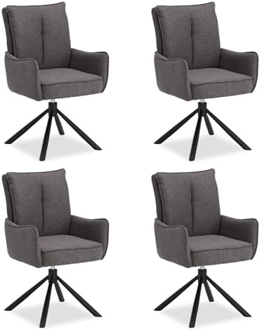 Homestyle4u 4er Set Polsterstühle Anthrazit - Esszimmerstühle drehbar | 360 Grad Drehstuhl mit Armlehne - Polsterstuhl für Esszimmer & Büro - Sitzhöhe 51 cm - Grauer Stoff & Metallbeine