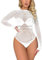 FEOYA Women Backless Fishnet Bodysuit One Piece Going Out Lingerie Shirts Sheer Mesh Night Club Hot Thong Leotard Long Sleeve Valentines Undershirt Glitter Rhinestone Dance Romper Outfits White
