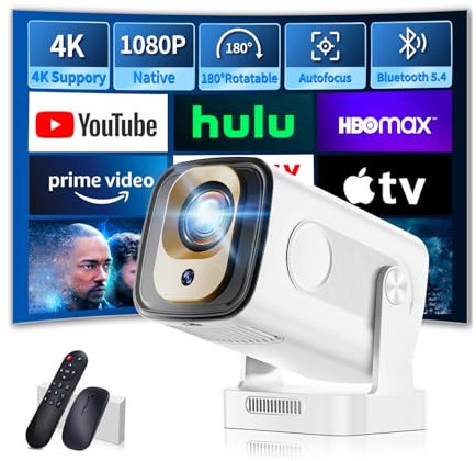 Mini Projector 1080P with WiFi 6 and Bluetooth 5.4, 4K Full HD Projector Features Auto Focus & Keystone, Portable Projector Built-in App Support 270° Rotatable, Compatible with Phone/HDMI/USB - White