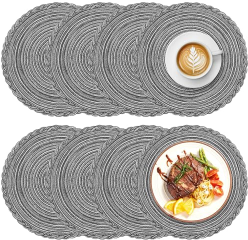 AIDUCHO 8er Set Tischset Rund Geflochten, Platzdeckchen Abwaschbar 38cm, Tischset Boho, Hitzebeständig rutschfest und Verschleißfest Platzdeckchen Rund, Schön Tischuntersetzer (Schwarz-Grau)