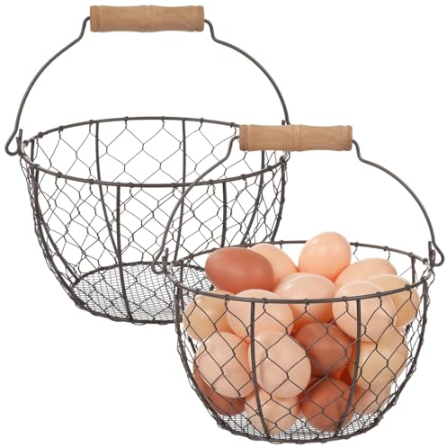 2 Pcs Wire Egg Baskets, Farmhouse Chicken Egg Collecting Baskets, Rustic Metal Eggs Storage with Wooden Handle, Stackable Fresh Egg Holders for Fruits, Vegetables, Sundries