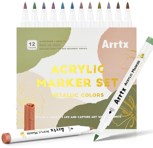 Arrtx Metallic Acrylic Paint Markers 12 Colors Extra Fine Tip, Waterproof Paint Pens for Rock Painting, Ceramic, Glass, Wood, Canvas, Mug & DIY Crafts