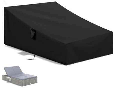 Flymer Double Sun Lounger Cover Waterproof Windproof, 214 x 140 x 81 cm | 420D Heavy Duty, 2 Air Vents, 2 Bottom Buckles, Bottom Drawstring, 2 Handles, Garden Daybed Cover, Sunbed Cover