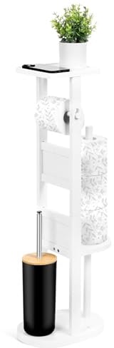 Relquorax Porte-rouleau de papier toilette debout - En bambou - Avec brosse WC - Pour toilettes, salle de bain - Blanc