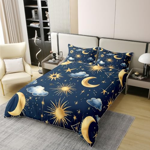 Homemissing Sonne Mond 100% Baumwolle Bettwäsche Set 135x200cm Halbmond Betten Atmungsaktiv Sterne Drucken Bettwäsche-Set Himmlische Muster Bettbezug Blaue Wolken mit 1 Kissenbezug