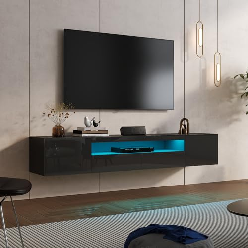 KEEPREAPER TV-Schrank Lowboard 180cm Hochglanz mit LED-Beleuchtung Schwarz | Fernsehtisch hängend, hängender TV-Schrank, Fernsehschrank für Fernseher bis zu 85 Zoll, für Wohnzimmer