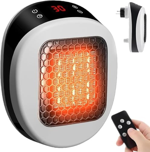 Steckdosen Heizlüfter mit Fernbedienung– Elektrischer Wandheizlüfter 600W mit Thermo-Keramik-Technologie | Digitales Thermostat, 12h Timer, 270° Drehstecker, Geräuscharm & Sicher