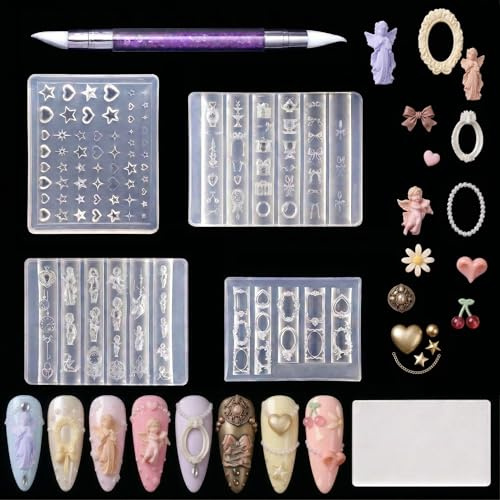 Zosutetoxo Nagelform, 4 st nagelstämplar nageldesignset med 3D gel nagelkonst, silikonform, Y2K-motiv, stämpelmallar för naglar