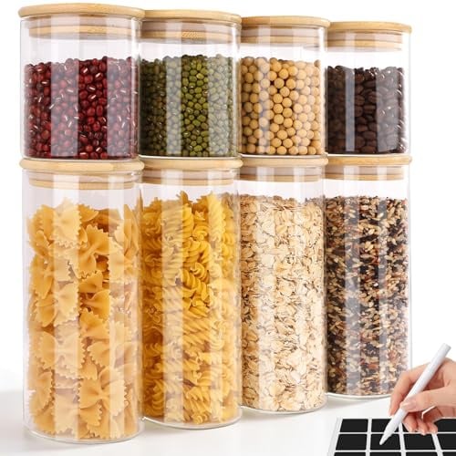 Otauoaea 8 Piezas Botes de Cristal con Tapa, 4x 750ml + 4x 400ml - Tarros de Cristal con Tapa - Botes Cocina Almacenaje Hermeticos - Frascos Vidrio para Pasta, Cereales, Legumbres, Café