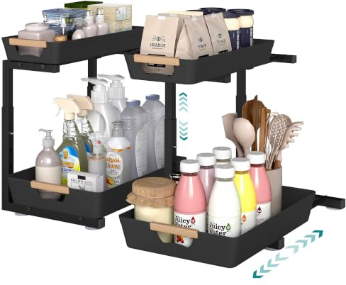 SONGMICS 2er Set Spülbecken Organizer, L-Form Unterschrank Regal Ausziehbar, Höhenverstellbar, 40 x 29,5 x 41,5 cm, 2er Set, für Küche und Bad, Tintenschwarz, Glora KCS218B101