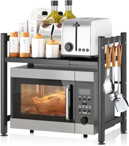 MAILLARD Scaffale espandibile per microonde a 2 livelli, con 4 ganci, flessibile estensibile da 36,5 a 60,5 cm, ideale per piani di lavoro, scaffali da panetteria, organizer da cucina, nero