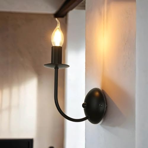 Licht-Erlebnisse Wandleuchte Metall Schwarz Flur Wohnzimmer Schlafzimmer H:23 cm E14 max. 60 Watt Kerze Rustikale Wandlampe Esszimmer GLOBE