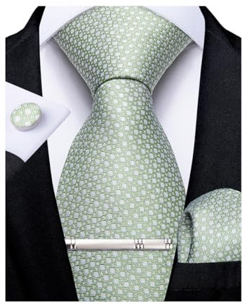 DiBanGu Herrenkrawatte, einfarbig, Seide, gewebt, gestreift, kariert, Krawatte, Taschentuch, Manschettenknöpfe, Krawattenklammer, Set, formelle Arbeit, Hochzeit, Kariert, Salbeigrün, M