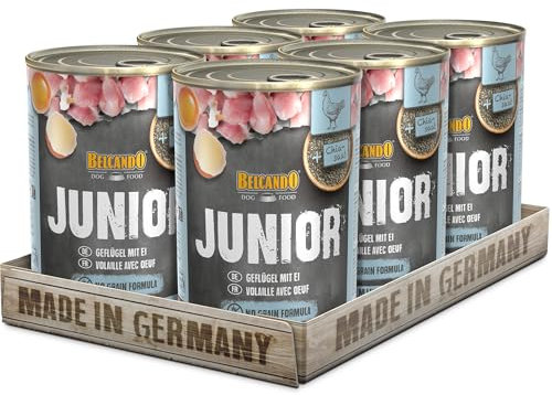 BELCANDO Nassfutter für Hunde, Junior Geflügel mit Ei, 6X 400g Dose, Hundefutter nass, für alle Rassen, Made in Germany