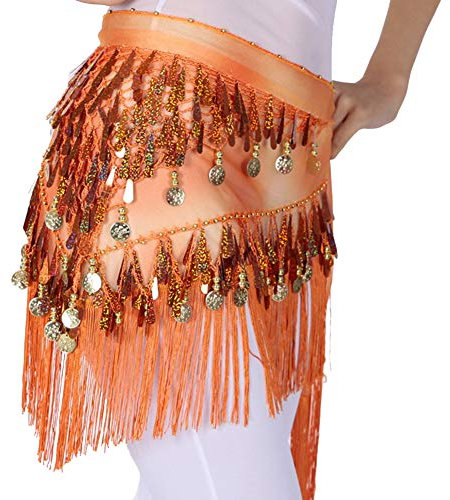 Damen Gürtel Münzgürtel Bauchtanz Hüfttuch Quaste Glänzend Pailletten Rock Orange One Size