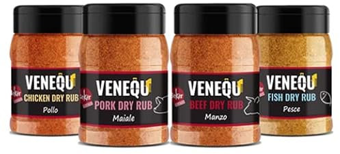 VENEQU BBQ DRY RUBs Gourmet Set #1 (150gr x 4 RUBs) Made in Italy | 1 x Pork Rub, 1 x Chicken Rub, 1 x Beef Rub e 1 Fish Rub