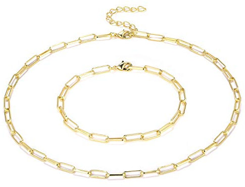 KISSPAT 14K Gold Plated Paperclip Chain Necklaces Bracelet Set for Women Girls Layered Choker Necklaces Fashion Jewellry