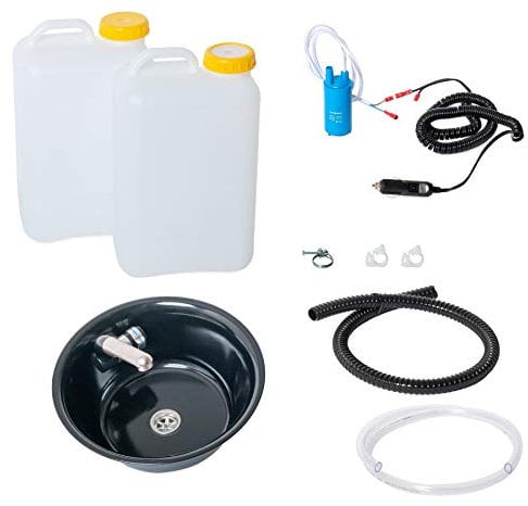 12V Wasseranlage Campingküche Bausatz Spüle Design Schwarz 32cm (320mm) Integriert + Wasserhahn kanister 19 Liter, Camperausbau Bulli küche Reiseküche T2 T3 T4 T5 T6 Vito (ad-ideen)