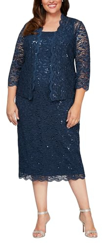 S.L. Fashions Women's Tea Length Sequin Lace Mother of The Bride Dress with Illusion Sleeve Jacket (Plus Size) Special Occasion Dress (Pack of 2)