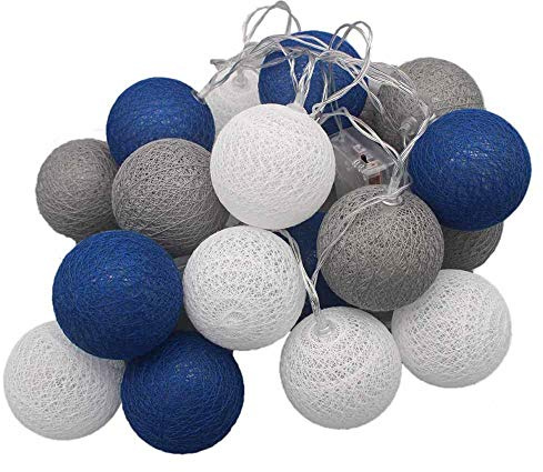 Hiser LED Lichterkette Baumwollkugeln Batteriebetrieben, 6 cm Cotton Ball Lichterketten Kugeln Nachtlicht für Weihnachten, Hochzeit, Party, Zimmer, Innen Deko (5M-50LED,Dunkelblau grau)