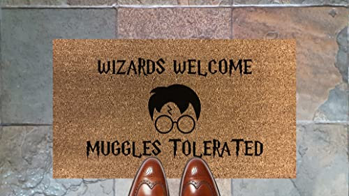 Wizards Welcome Muggles Tolerated Harry Potter Fans Coir Synthetic Nylon Light Grey Brown Cream Door Mat Gift (Coir (Indoor))