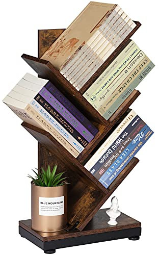 ruboka Bücherregal 4 Ebenen Baumform raumteiler Regal, bücherregal Holz für Café Home Wohnzimmer Büro, Regal Bücher dient zur Auslage von CD/Magazinen/Büchern, Braun Standregal, 30 * 19 * 61cm